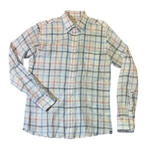 Peter Millar mens M Medium blue red plaid 100% linen oxford button up shirt EUC